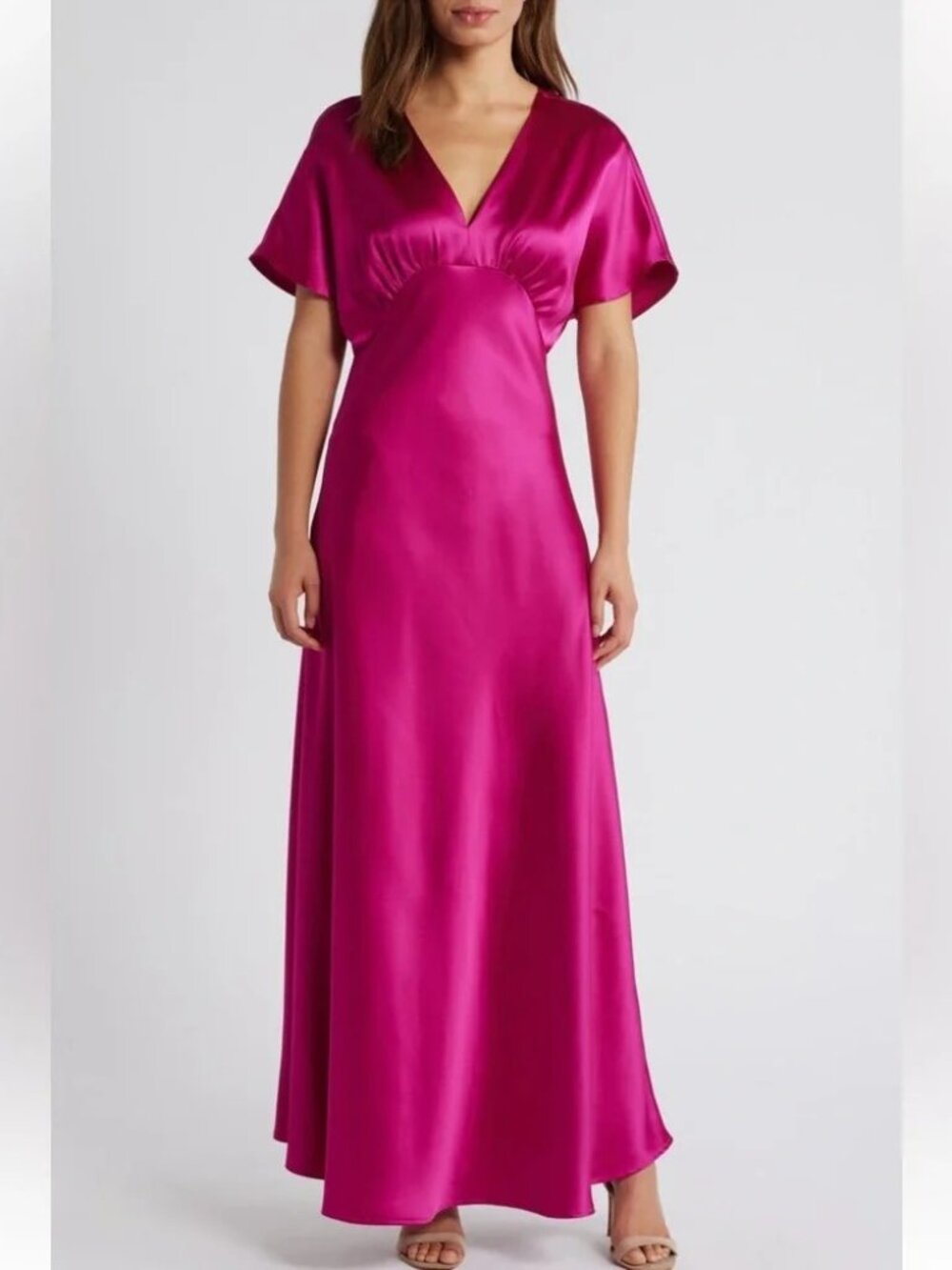 Cynthia Steffe Fuschia Pink V Neck Satin Maxi Dress 18W